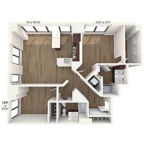 Floor plan for 2 beds, 2 baths, 1301 sqft