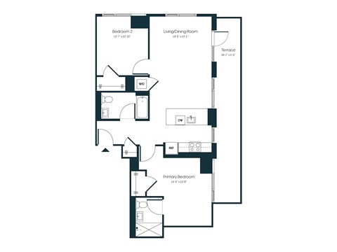 Floor plan for 2 beds, 2 baths, 1079 sqft