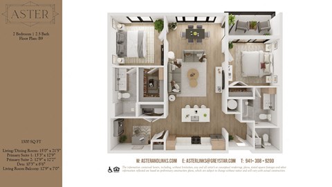 Floor plan for 2 beds, 2.5 baths, 1300 sqft