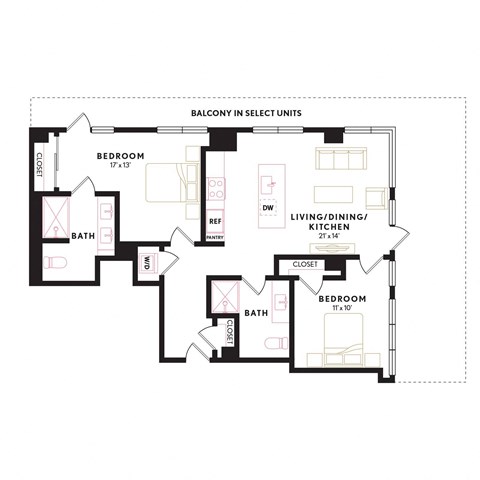 Floor plan for 2 beds, 2 baths, 1005 sqft