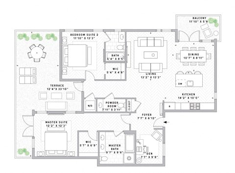 Floor plan for 2 beds, 2.5 baths, 1324 sqft