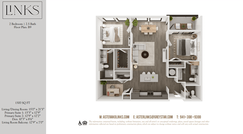 Floor plan for 2 beds, 2.5 baths, 1300 sqft