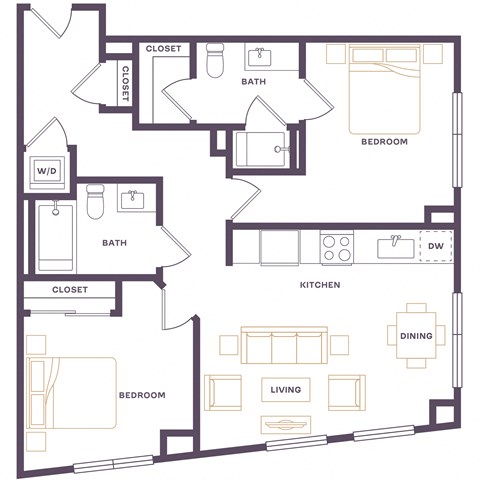 Floor plan for 2 beds, 2 baths, 865 sqft