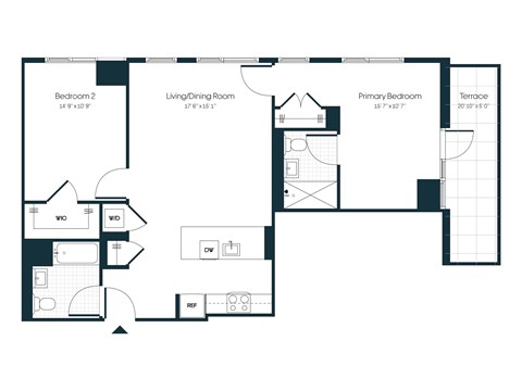 Floor plan for 2 beds, 2 baths, 1083 sqft