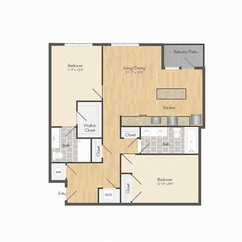 Floor plan for 2 beds, 2 baths, 1091 sqft