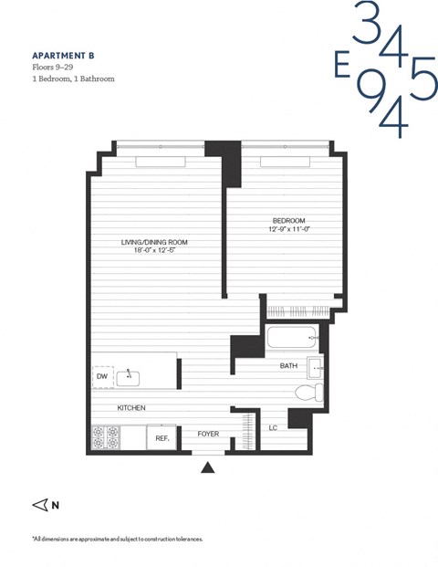 Floor plan for 1 bed, 1 bath, 612 sqft