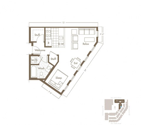 Floor plan for 1 bed, 1 bath, 532 sqft