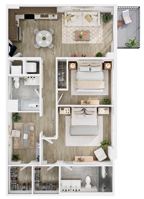 Floor plan for 2 beds, 2 baths, 1171 sqft