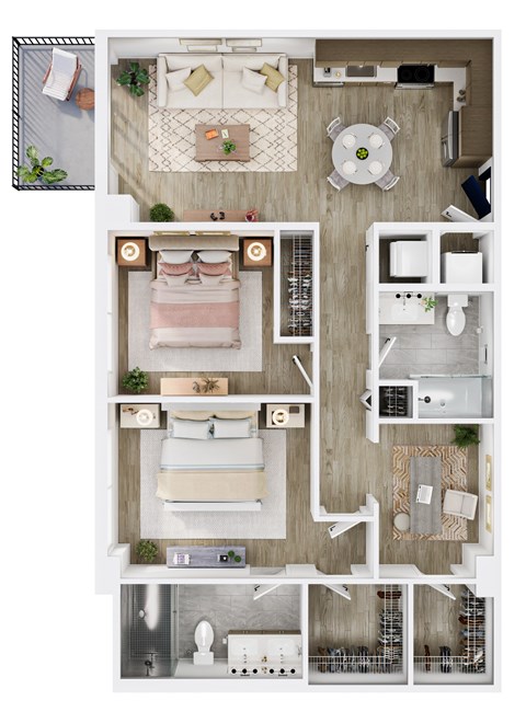 Floor plan for 2 beds, 2 baths, 1125 sqft
