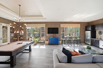 Lounge with billiards table and kitchenette