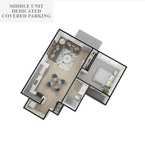 Floor plan for 1 bed, 1 bath, 613 sqft