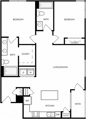 Floor plan for 2 beds, 2 baths, 1160 sqft