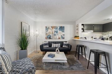 Phoenix apartment for rent - A living room with a black couch, a white coffee table, and a painting on the wall.