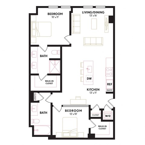 Floor plan for 2 beds, 2 baths, 1104 sqft