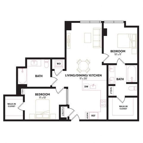 Floor plan for 2 beds, 2 baths, 973 sqft