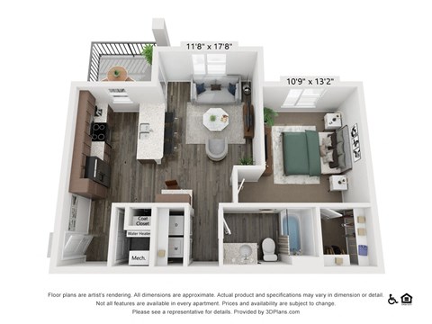 Floor plan for 1 bed, 1 bath, 723 sqft