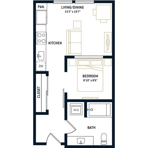Floor plan for 1 bed, 1 bath, 471 sqft
