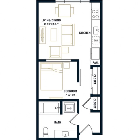 Floor plan for 1 bed, 1 bath, 486 sqft