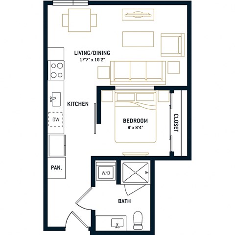 Floor plan for 1 bed, 1 bath, 517 sqft