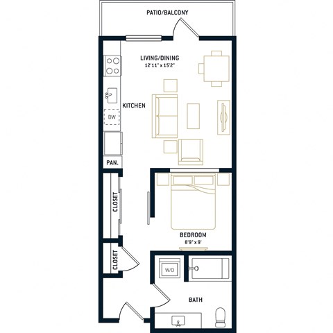 Floor plan for 1 bed, 1 bath, 554 sqft
