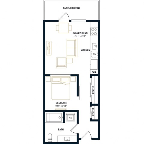 Floor plan for 1 bed, 1 bath, 566 sqft
