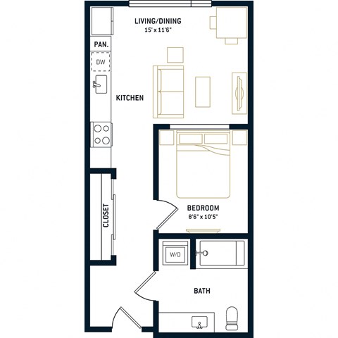 Floor plan for 1 bed, 1 bath, 520 sqft