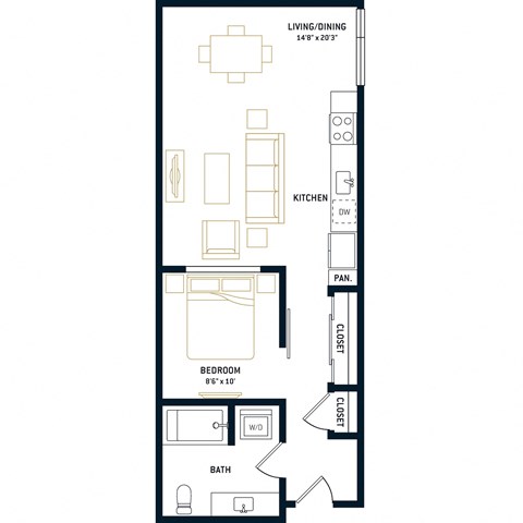 Floor plan for 1 bed, 1 bath, 637 sqft