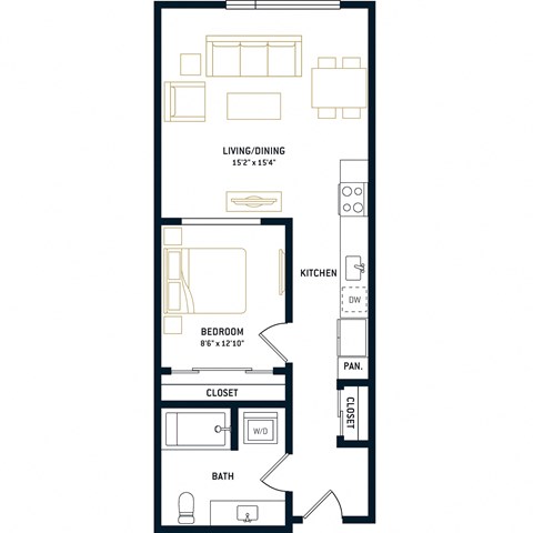 Floor plan for 1 bed, 1 bath, 618 sqft