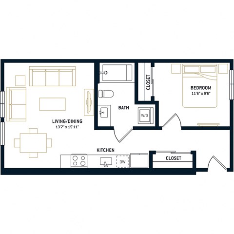 Floor plan for 1 bed, 1 bath, 594 sqft