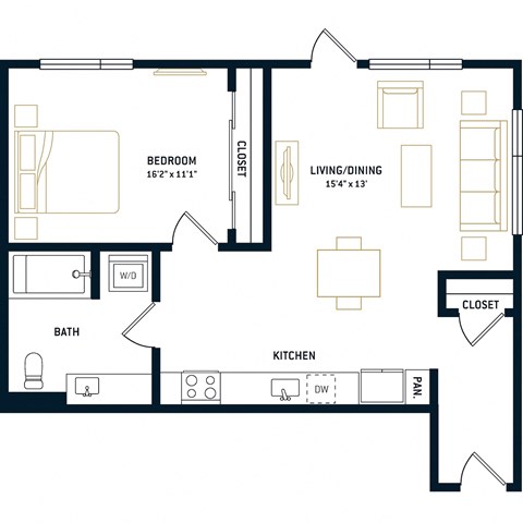 Floor plan for 1 bed, 1 bath, 765 sqft