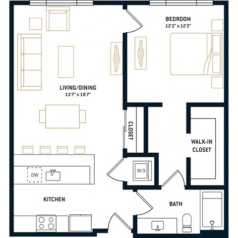 Floor plan for 1 bed, 1 bath, 800 sqft
