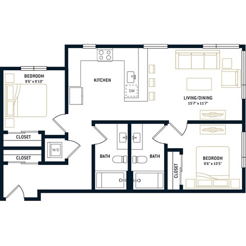 Floor plan for 2 beds, 2 baths, 879 sqft