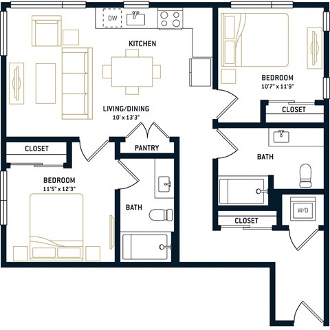 Floor plan for 2 beds, 2 baths, 938 sqft