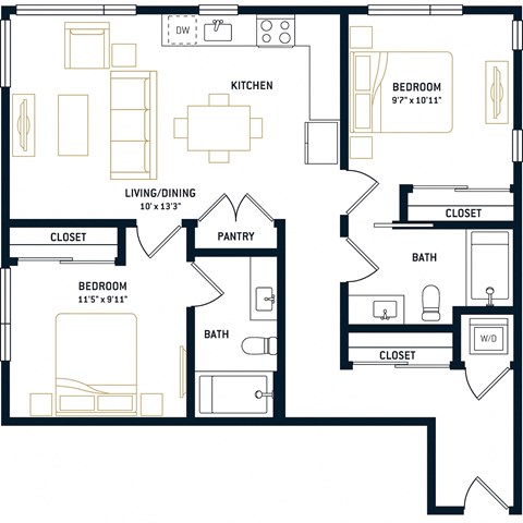 Floor plan for 2 beds, 2 baths, 937 sqft