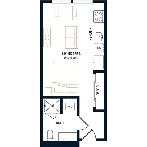 Floor plan for studio, 1 bath, 413 sqft