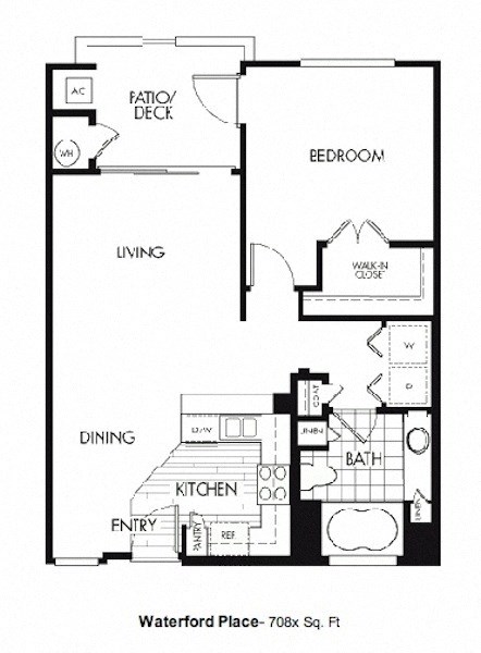 Floor plan for 1 bed, 1 bath, 708 sqft