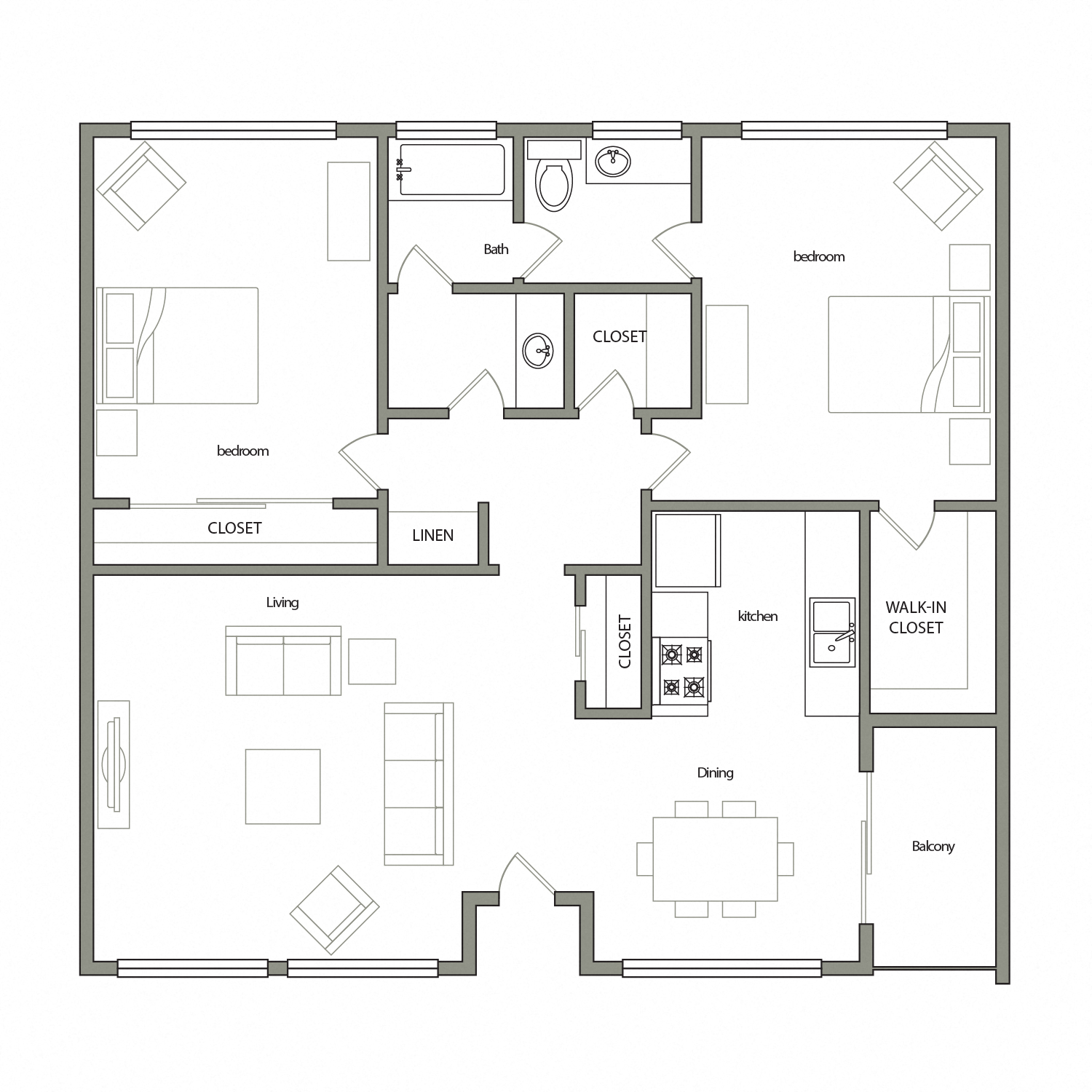 Floor plan for 2 beds, 1.5 baths, 936 sqft