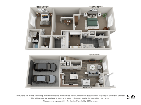Floor plan for 2 beds, 2.5 baths, 1421 sqft