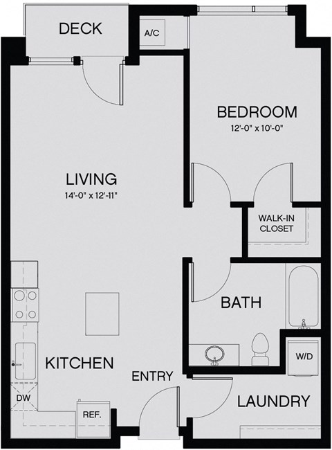 Floor plan for 1 bed, 1 bath, 690 sqft