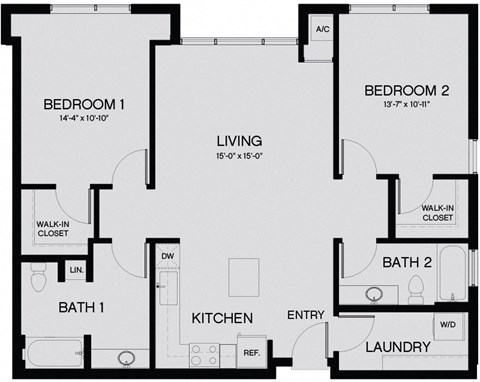 Floor plan for 2 beds, 2 baths, 1091 sqft