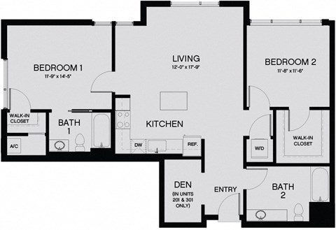 Floor plan for 2 beds, 2 baths, 994 sqft