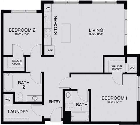 Floor plan for 2 beds, 2 baths, 1058 sqft