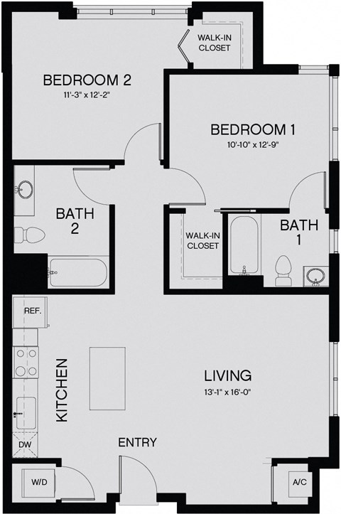 Floor plan for 2 beds, 2 baths, 941 sqft