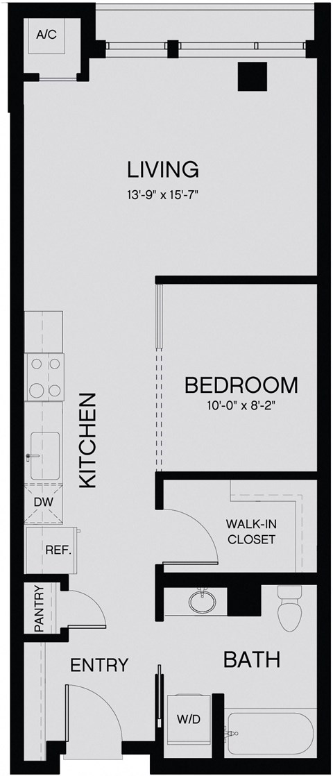 Floor plan for 1 bed, 1 bath, 567 sqft