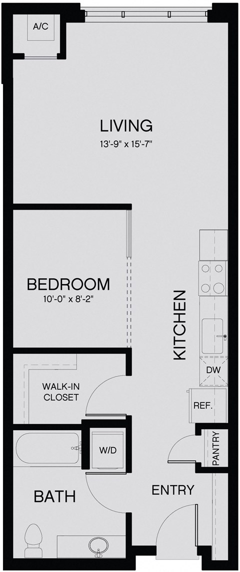 Floor plan for 1 bed, 1 bath, 598 sqft