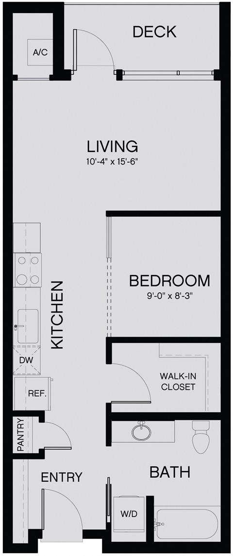 Floor plan for 1 bed, 1 bath, 541 sqft