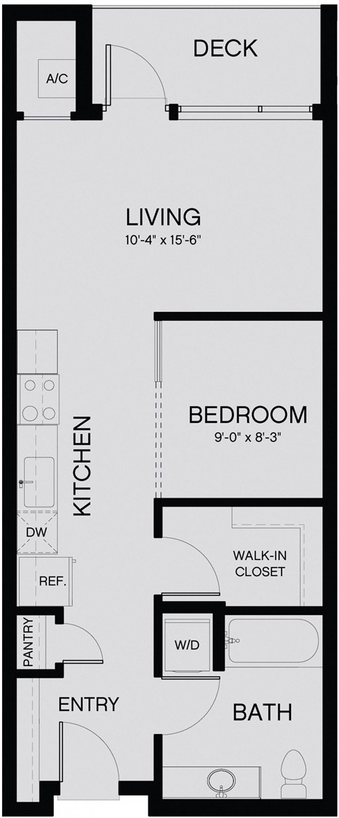 Floor plan for 1 bed, 1 bath, 544 sqft
