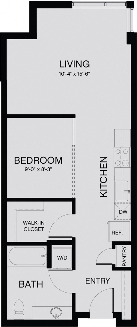 Floor plan for 1 bed, 1 bath, 574 sqft