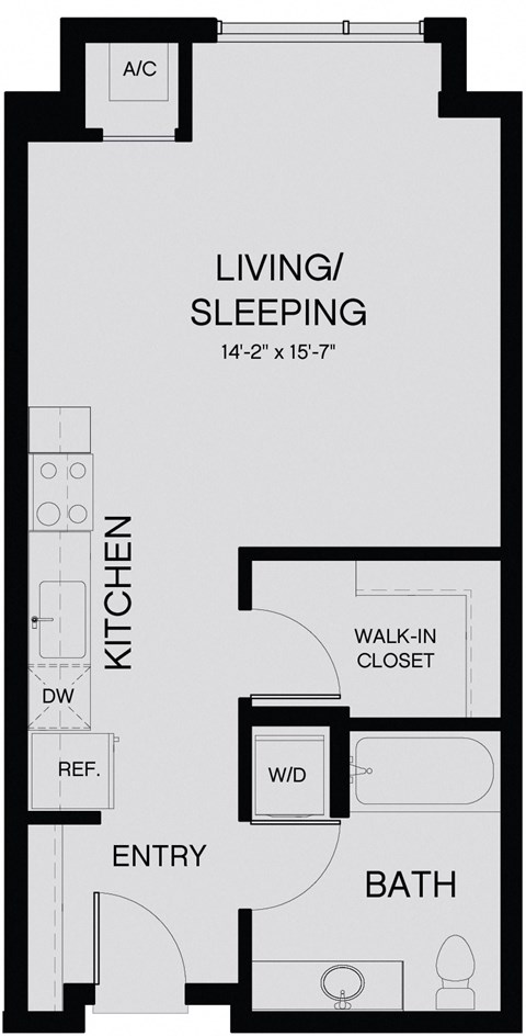 Floor plan for studio, 1 bath, 478 sqft