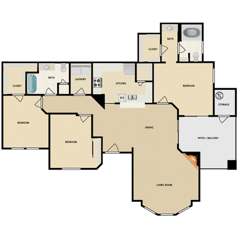 Floor plan for 3 beds, 2 baths, 1458 sqft